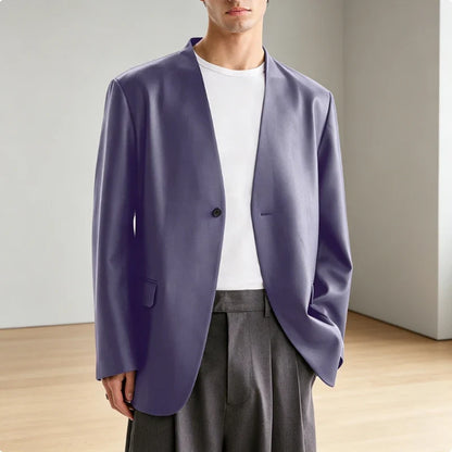 Luxury Men's PU Leather Blazer Collarless Jacket Loose 1 Button Elegant Solid Color Coat for Party Wedding Office Daily Wear