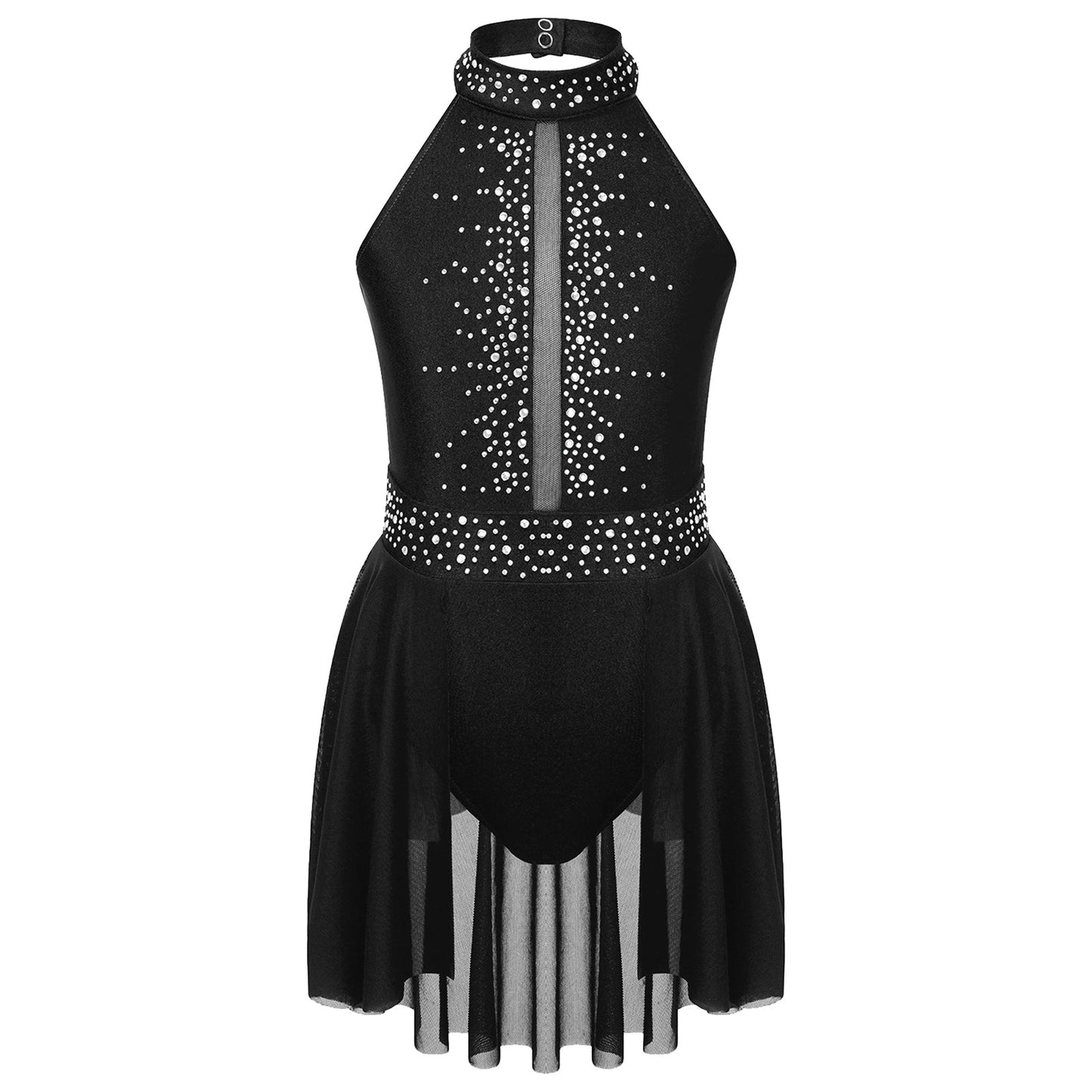 Kids Girls Gymnastics Figure Skating Ballet Lyrical Dance Costume Dress Side Split Sheer Mesh Ruched Glittery Rhinestones Dress