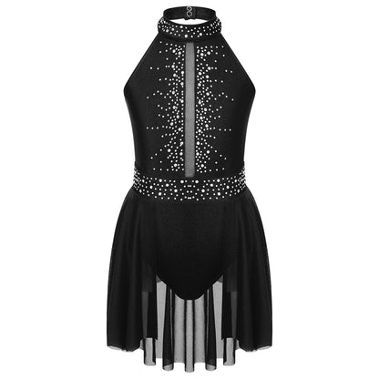 Kids Girls Gymnastics Figure Skating Ballet Lyrical Dance Costume Dress Side Split Sheer Mesh Ruched Glittery Rhinestones Dress