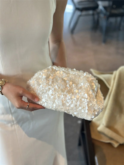 White Sequined Clutch Bag Versatile Beaded Chain Shoulder Bag Fashion High-end Bridal Party Handbag Trendy Clip Bag Evening Bag