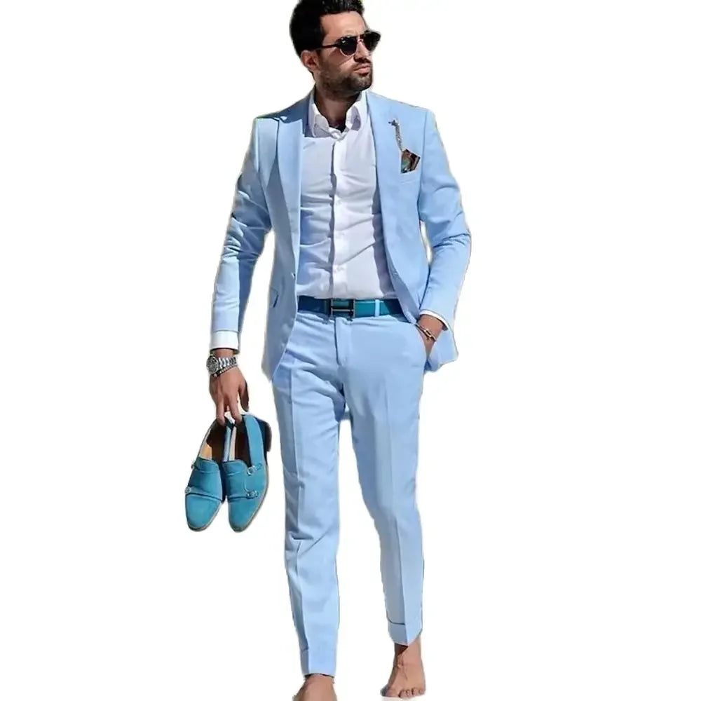 2 Piece Jacket Pants Blue Men's Suits Beach Travel Single Breasted Peaked Lapel Casual Men's Suits Blazer Terno Slim Fit Tailor