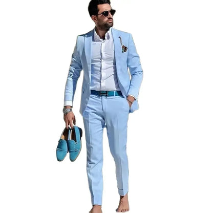 2 Piece Jacket Pants Blue Men's Suits Beach Travel Single Breasted Peaked Lapel Casual Men's Suits Blazer Terno Slim Fit Tailor