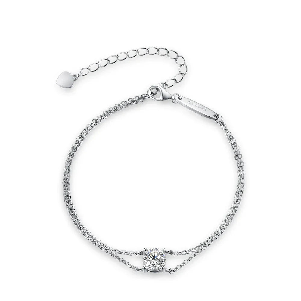 S925 Silver Double Chain Solitaire Moissanite Women Bracelet Adjustable 16+3cm Elegant Everyday Jewelry Gifts Wholesale