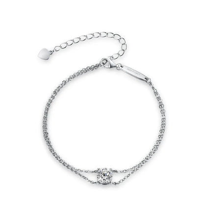 S925 Silver Double Chain Solitaire Moissanite Women Bracelet Adjustable 16+3cm Elegant Everyday Jewelry Gifts Wholesale