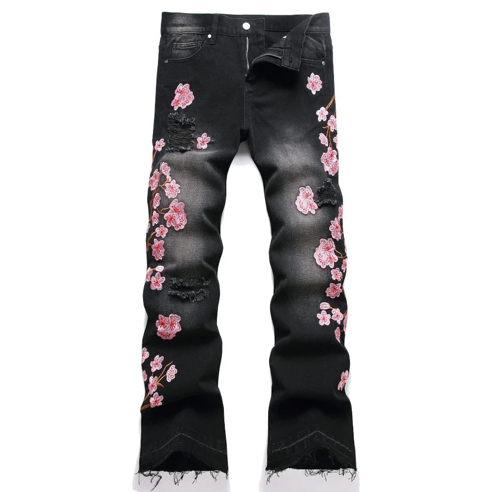 Men Straight Jean Denim Pants Jeans Loose Ankle Length Pant Pockets Casual Washed High Street Distressed Zipper Fly Spliced