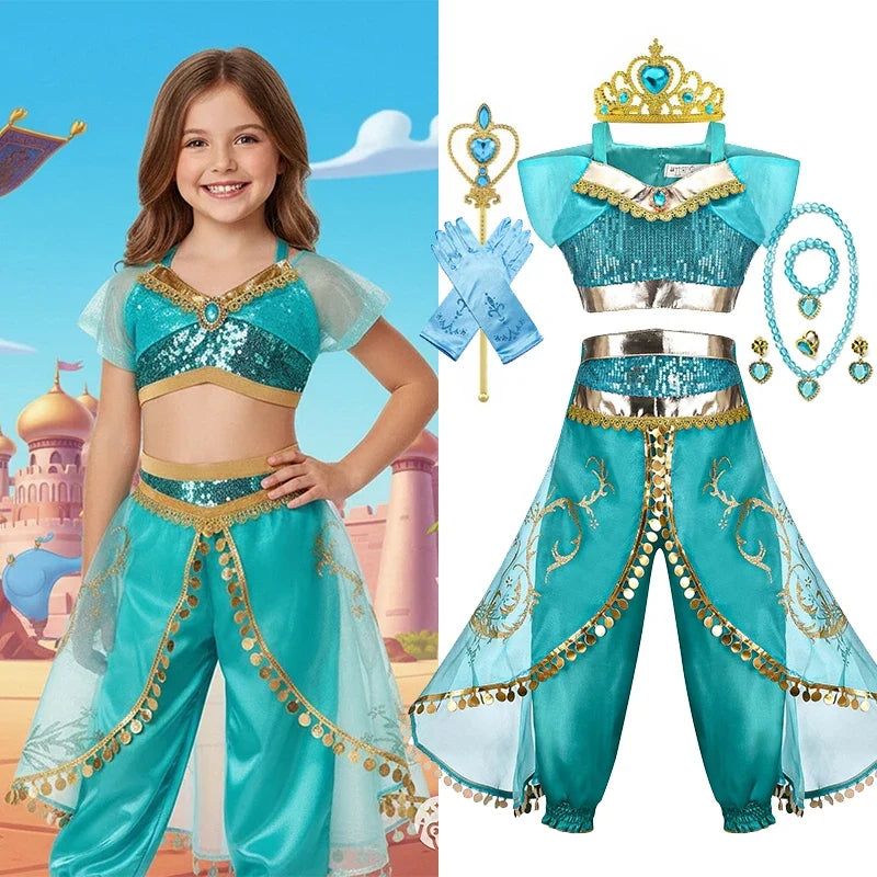 Jasmine Princess Dress for Girls Cosplay Aladdin Magic Lamp Costume Kids Halloween Birthday Carnival Party Vestidos