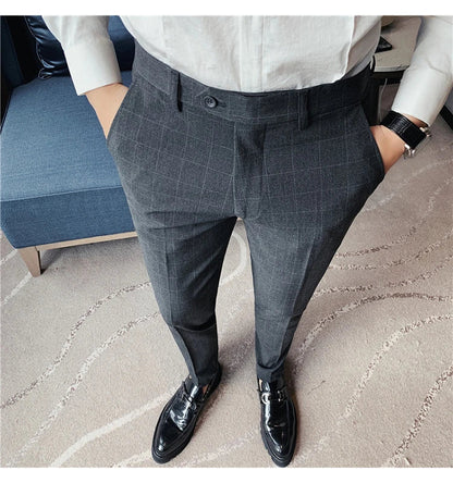 2026 High Quality Men's Plaid Striped Suit Pants Fashion Business Slim Fit Casual Straight Pants Formal Wedding Party Trousers