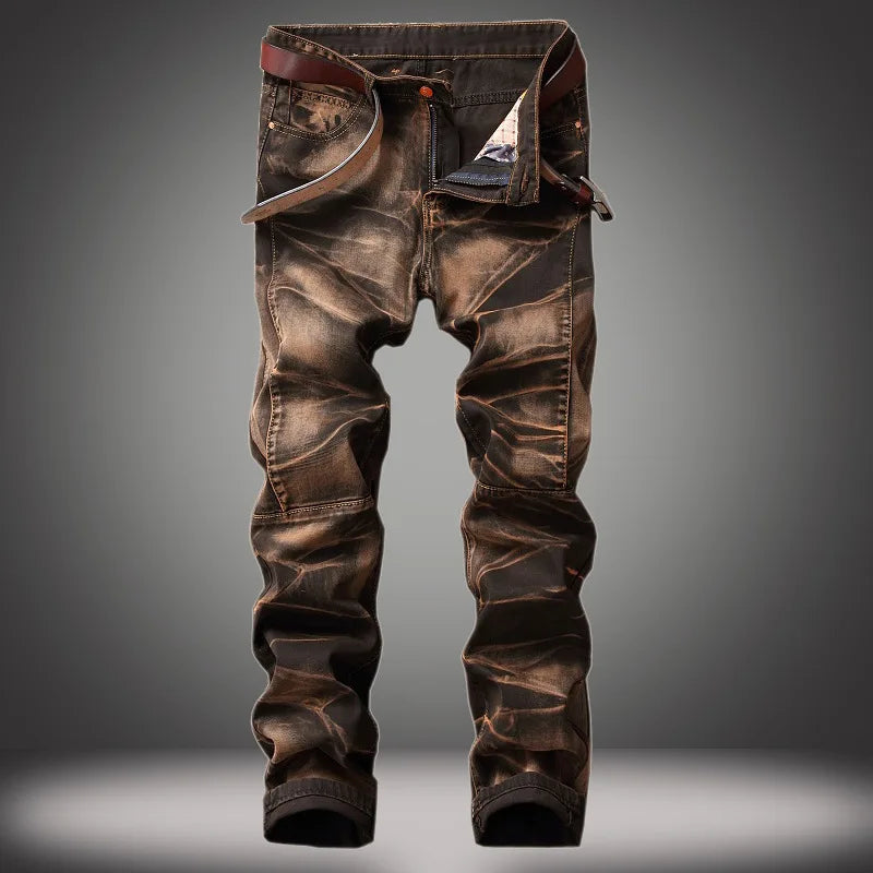 2026 New Men's Yellow Jeans, Blue Stretch Biker Trousers, Broken Hole Jeans, Fashion Popular Men Denim Pants Big Size 29-42