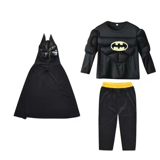 Superhero Bat Cosplay Costume Set Kids Boys Bruce Muscle Suit Tops Pants with Mask Cloak Children Halloween Carnival Party Coth