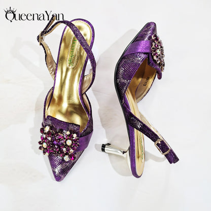 2025 Wine Colour Wedding Women High Heels for Italian Design Shoes and Bag Rhinestone Decorate Pointed-Toe Gorgeous Parties