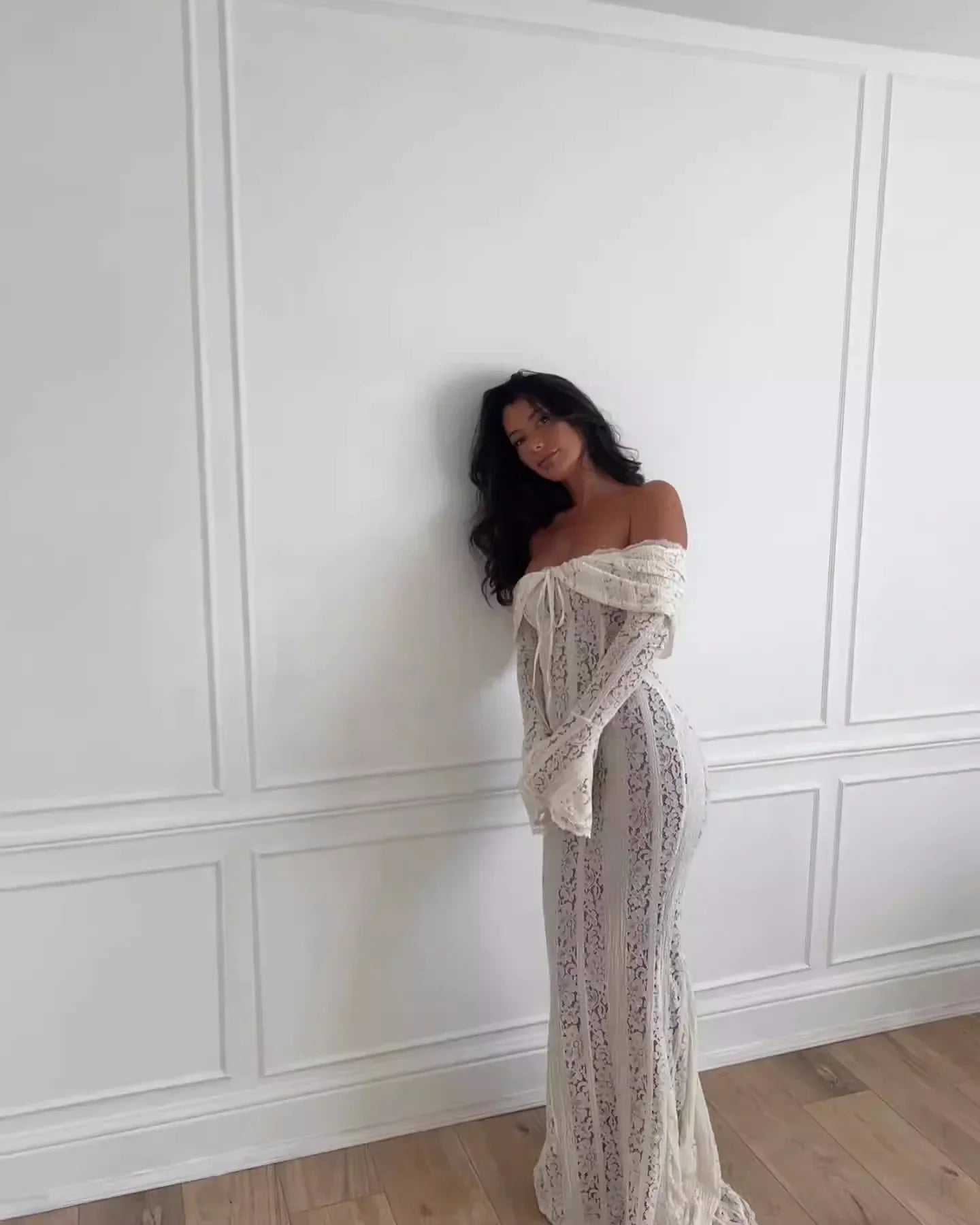 Elegant Off The Shoulder Bodycon Dress 2024 New in White Flare Sleeve Lace Maxi Dress Wedding Guest Dress for Women
