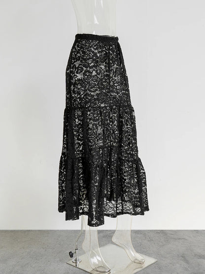 Lace Jacquard Transperant Skirt Women Summer New High Waist Sexy Casual Long Skirts 2025 Streetwear Fashion White Maxi Skirt
