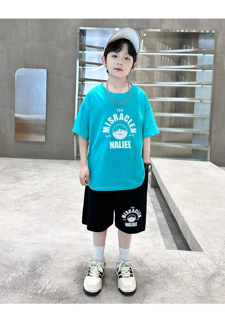 Summer Boys Cotton Leisure Print T-Shirt Top+Shorts Pant Contrast Set School Kids 2PCS Tracksuit Children Vacation Outfit 5-16Yr