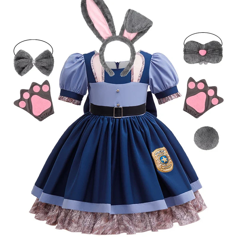 Girls Judy Bunny Police Officer Dress Disney Zootopia 2 Bunny Costume for Kids Cosplay Dress With Accessories Fancy Outfits