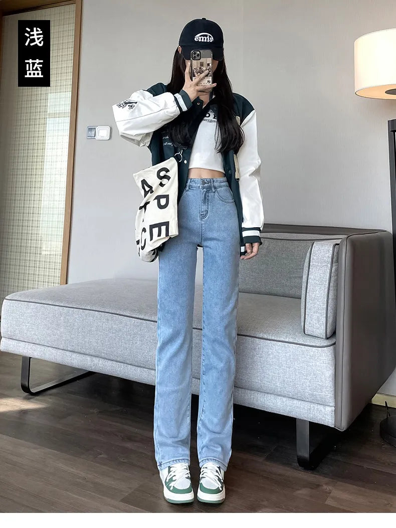 Black 2024 Winter Straight Fleece Jeans Women Casual Vintage Warm Thick Loose High Waist Elastic Velvet Denim Pants