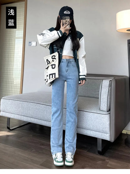 Black 2024 Winter Straight Fleece Jeans Women Casual Vintage Warm Thick Loose High Waist Elastic Velvet Denim Pants
