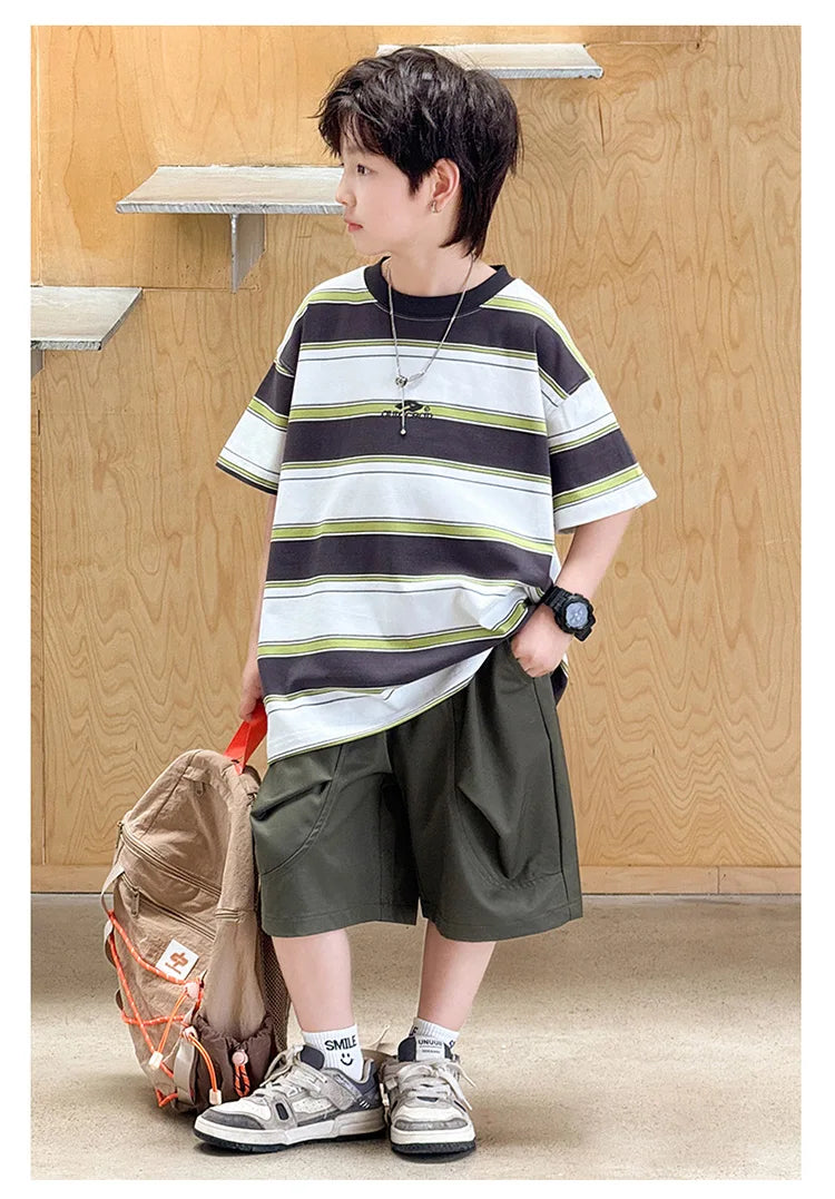 New Arrival Stylish Kids Summer Striped Suit for Teenage Boy Fashion Street Clothing Children Casual T-shirt Shorts 2PCS Set