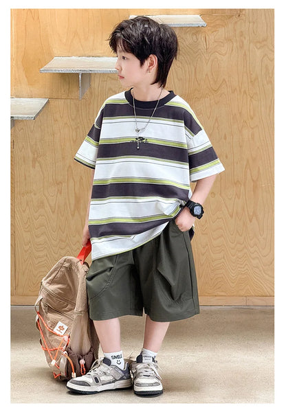 New Arrival Stylish Kids Summer Striped Suit for Teenage Boy Fashion Street Clothing Children Casual T-shirt Shorts 2PCS Set