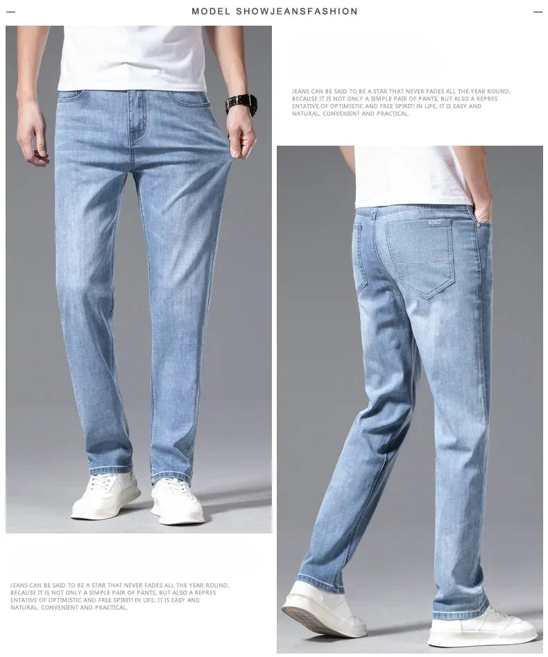 2024 Men's New Autumn Straight Casual Jeans Light Blue Classic Breathable Comfortable No Ironing Stretch Denim Trousers Male