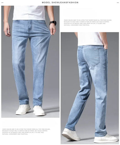 2024 Men's New Autumn Straight Casual Jeans Light Blue Classic Breathable Comfortable No Ironing Stretch Denim Trousers Male