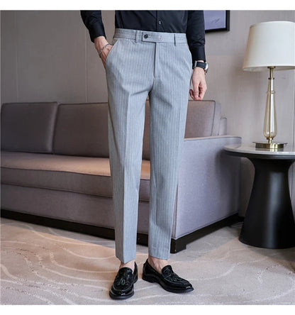 New Korean Style Fashion Striped Embroidery Suit Pants Men's Business Slim Casual Straight Pants Formal Wedding Party Trousers