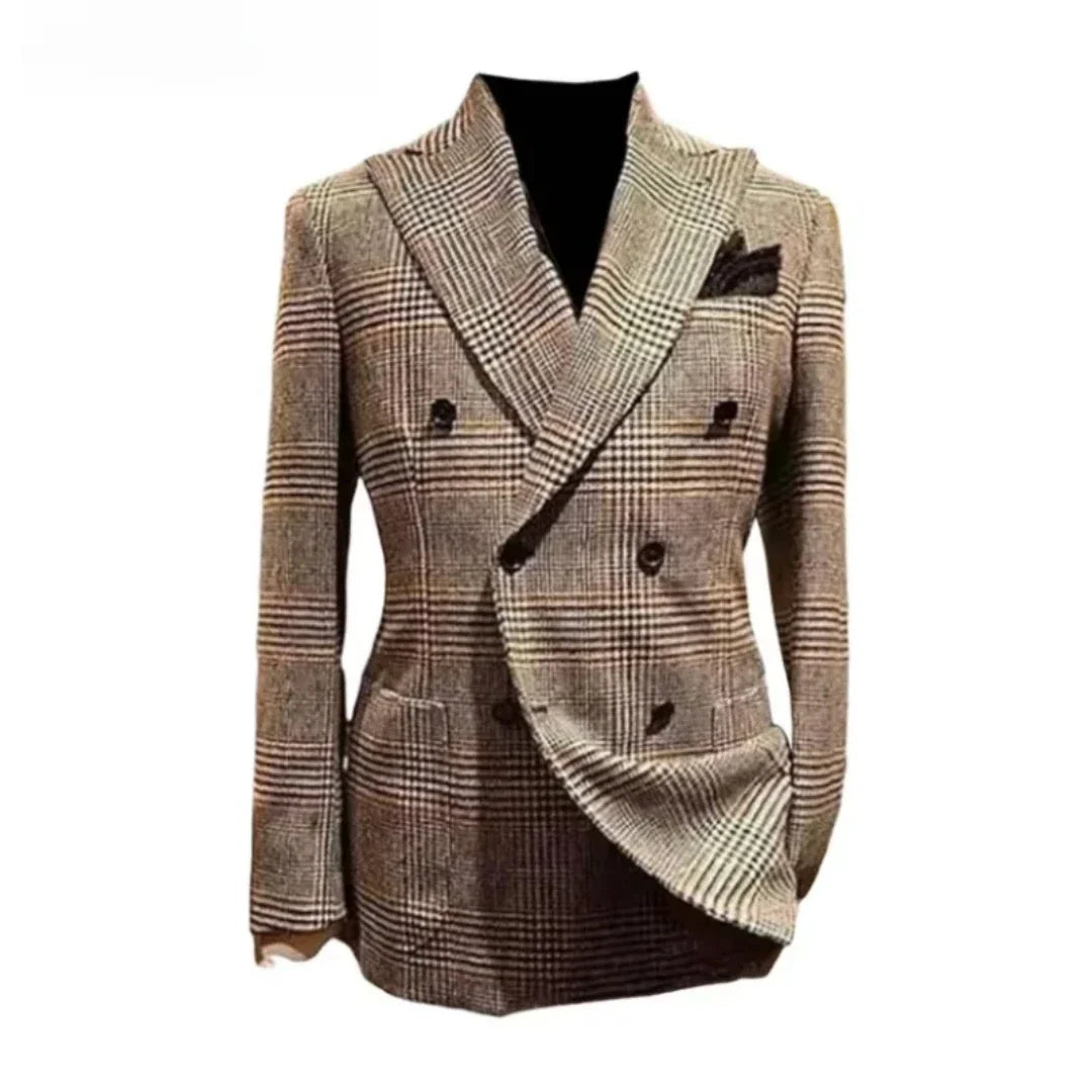 Formal Men's Brown Houndstooth Woolen Blazer Suits Jacket with Peak Lapel Casual Wedding Business Party Coat for Autumn Winter