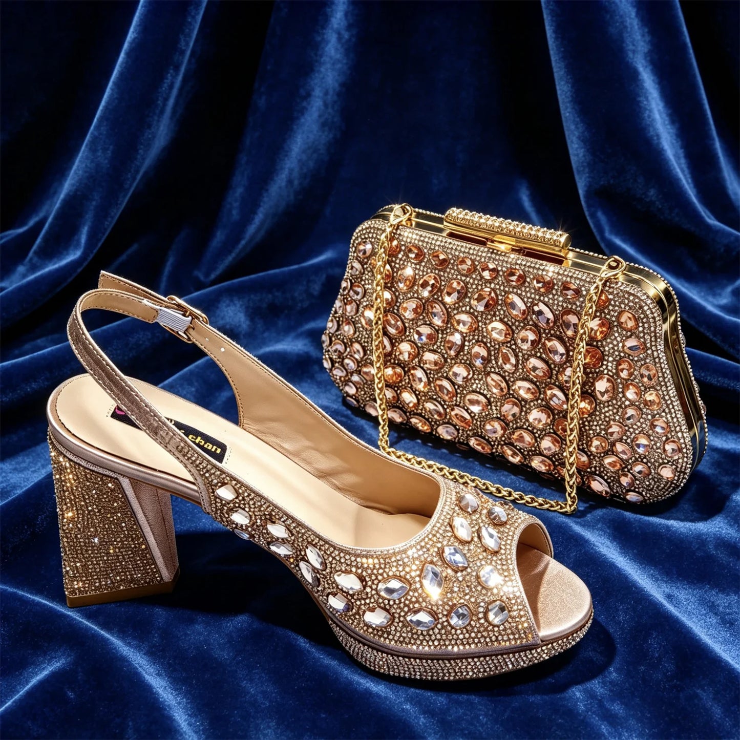 Elegant 2026 Champagne Peep Toe Heels with Diamond Accents - Luxurious Italian Design Pumps & Matching Bag Set for Parties