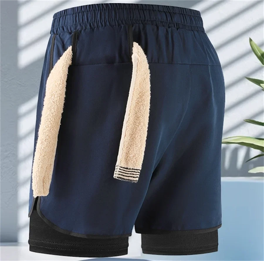 Men Fitness Built-in pocket sports Shorts Summer 2 In 1 Quick Dry Gym Beach shorts Running Double-deck Shorts Outdoor sweatpants