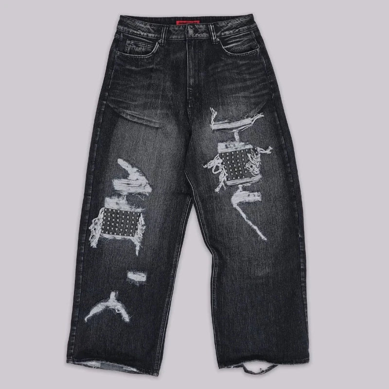 Mens Jeans Gothic Distressed Washed Denim Pant Harajuku Unisex Loose Fit Straight Leg Y2K Vintage High Street Streetwear Fashion