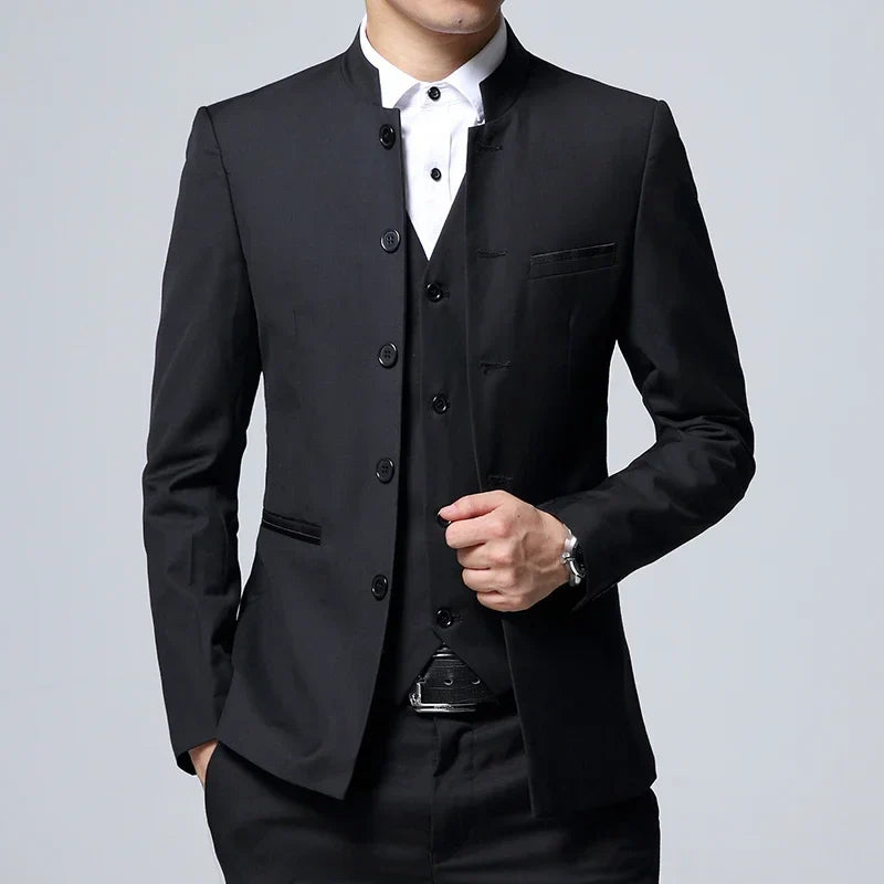 Black Stand Collar Men's 3-Piece, Wedding Party Blazer Jacket and Vest with Pants, Blue Asian Size Slim Fit Sets.