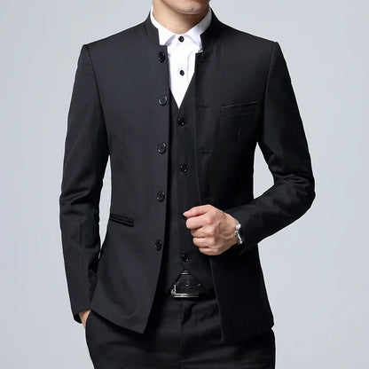 Black Stand Collar Men's 3-Piece, Wedding Party Blazer Jacket and Vest with Pants, Blue Asian Size Slim Fit Sets.