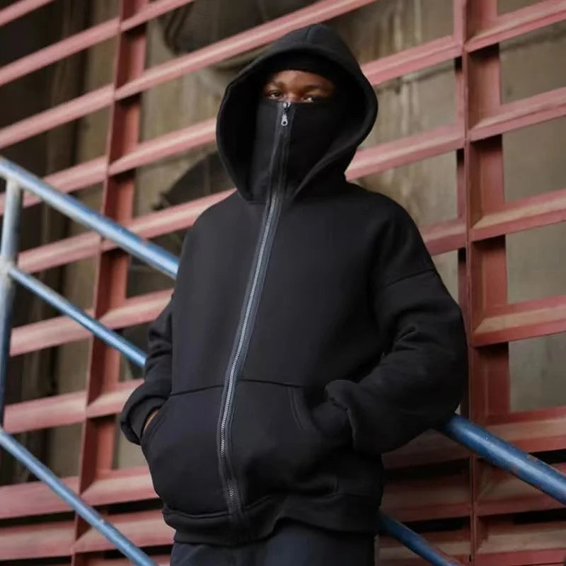 Men and women Balaclava Y2K Gothic Harajuku winter new item double hooded sweatshirt men's hooded mask zipper sportswear