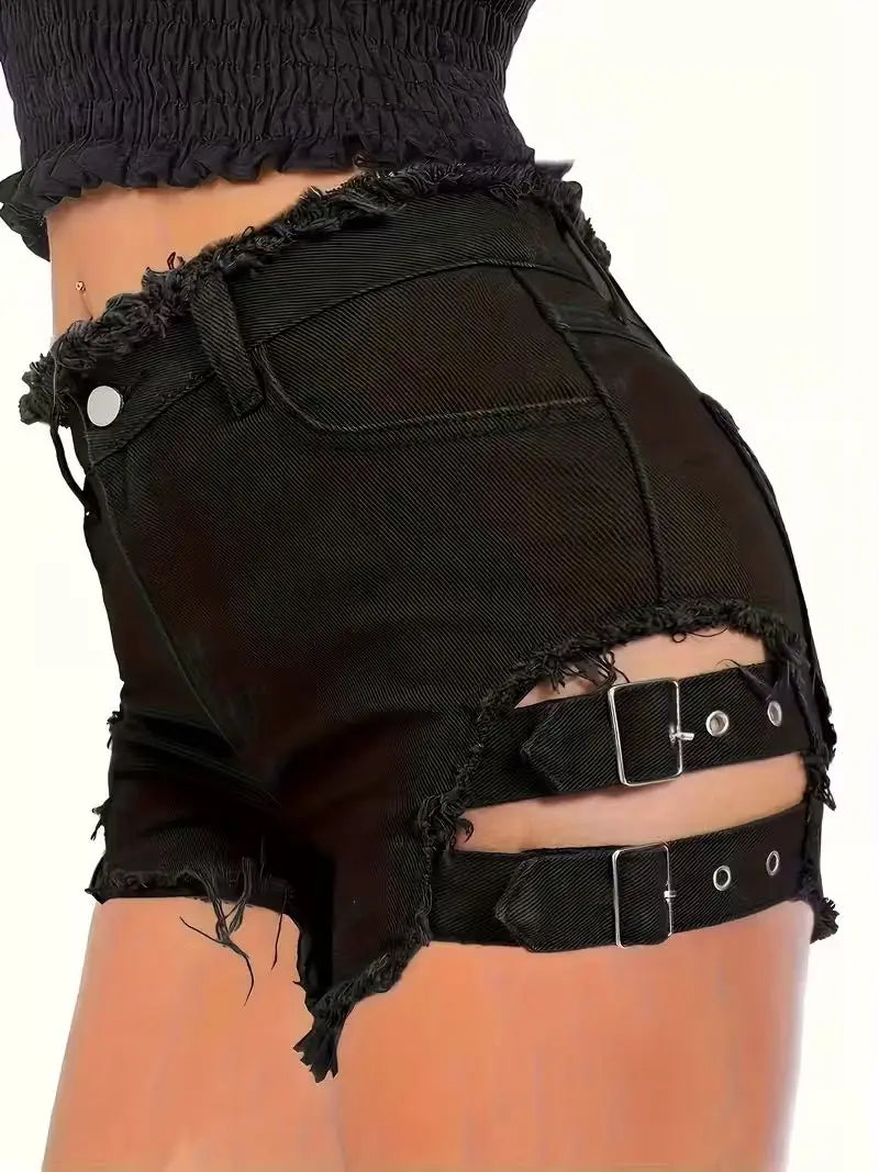 Women's Black Denim Shorts Low Waisted Frayed Hem Adjustable Buckle Straps Cutout Sexy Clubwear Party Mini Hot Pants