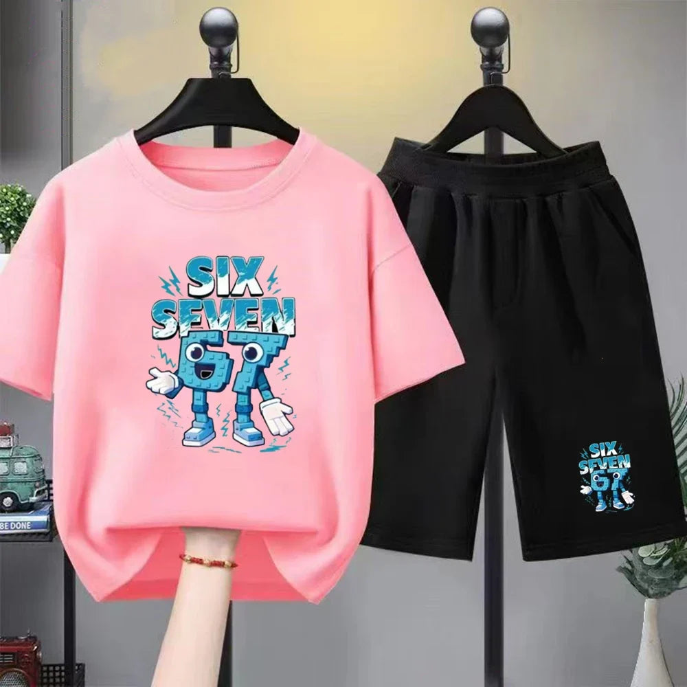 67 Children T-shirt 3-12Yrs Summer Six Seven Print Short-sleeved Cute Funny Fashion Boys Girls Toddler Top+Shorts 2PCasual Set