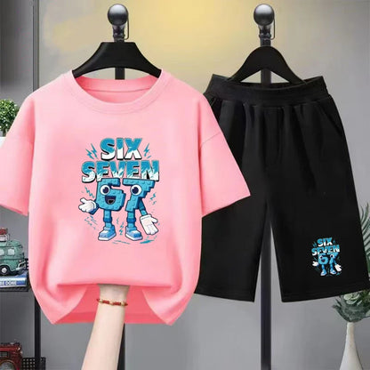67 Children T-shirt 3-12Yrs Summer Six Seven Print Short-sleeved Cute Funny Fashion Boys Girls Toddler Top+Shorts 2PCasual Set
