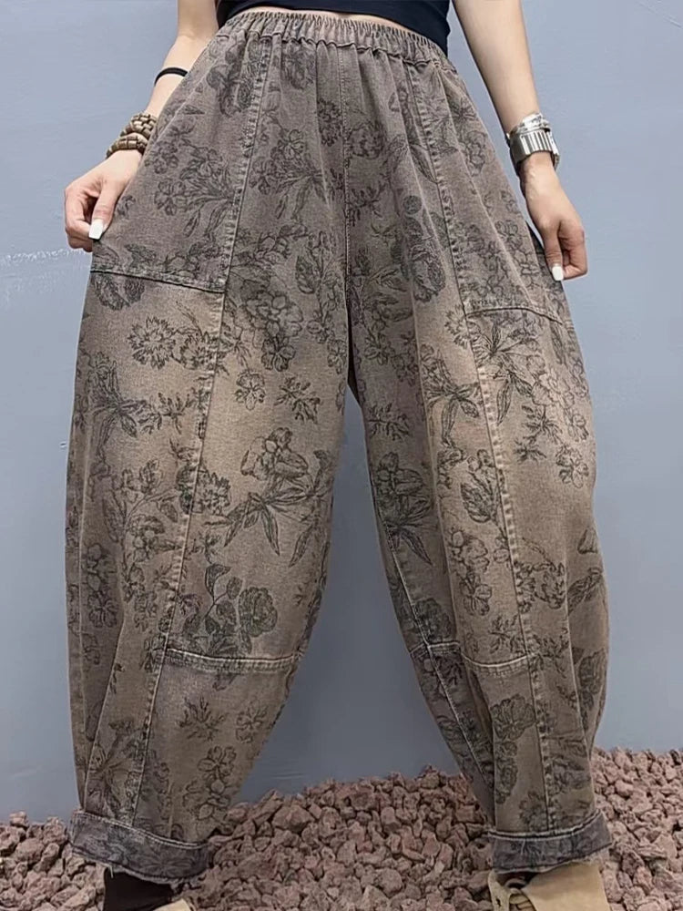 2025 Floral Spring Ladies Printed Classic Elegant Harem Pants Casual Fashion Jeans Vintage Loose Women Denim Trousers