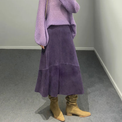 تنورة نسائية من جلد الغزال الأرجواني موضة 2025 لربيع Harajuku بحافة كبيرة طول 85 سم تنانير نسائية أنيقة بوهيمية فستان جلدي 100%