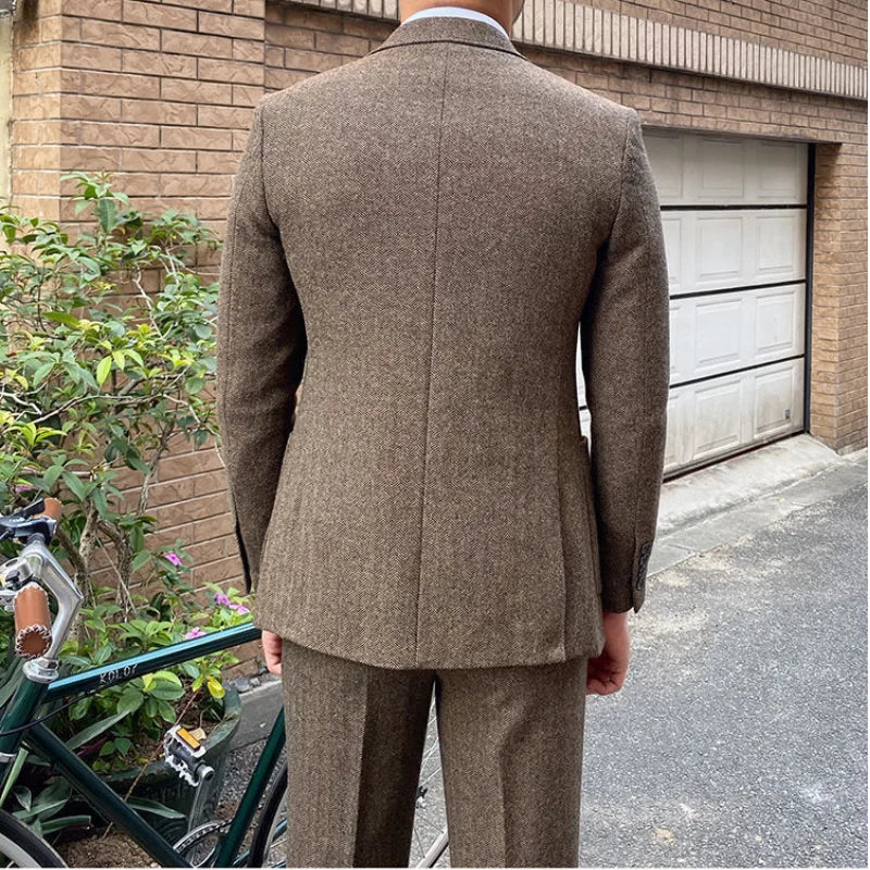 New Retro Herringbone Slim Fit Men's Suit Gentlemen's 3-piece Suit Single Breasted Handsome Autumn Winter Business Casual Formal