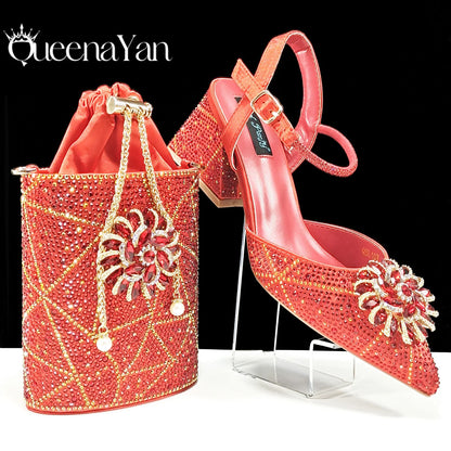 African Ladies Elegant Pointed Toe Shoes with shiny Metal Stand Bag Women Party Shoes or Commuting Shoes and Bag Set