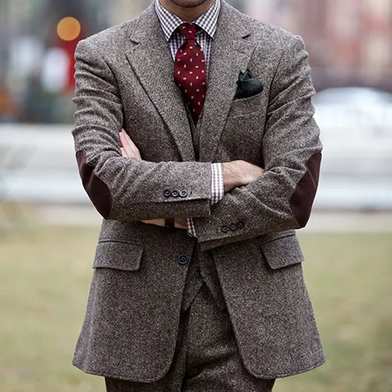 Vintage Winter Tweed Suits Brown Tweed Men Suits With Patch Design Costume Homme Smart Business Formal Wedding Suits 1 Pieces