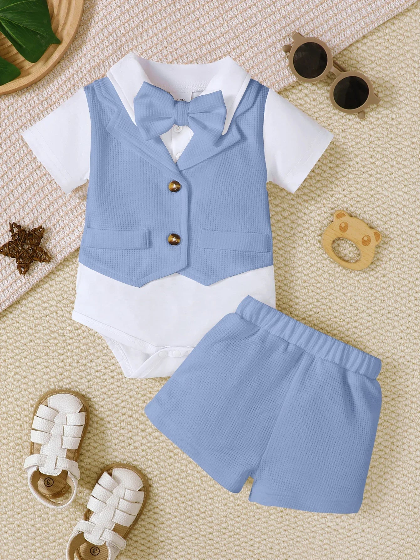 Baby Boy Christening Outfit Set Short Sleeve Vest Fake 2pcs Harlie Top+Shorts+Removable Bow Tie Cute Christening Suit 3pcs Set