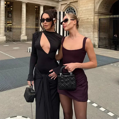 Sexy Square-neck Halter Long Dress Women 2025 Pleated Sleeveless Backless High Waist Bodycon Dresses New Summer Lady Party Gowns