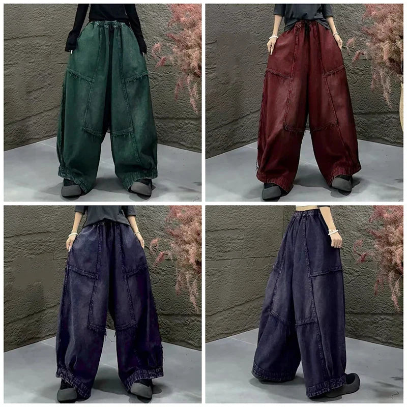 Amax LuluE Korean Winter Fashion Jeans Womens Loose Vintage Design Denim Wide Leg Pants Classic Leisure Elastic Waist Trousers