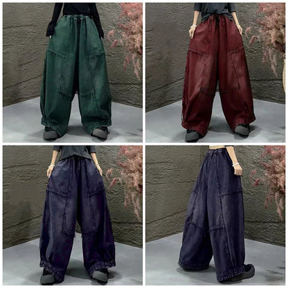 Amax LuluE Korean Winter Fashion Jeans Womens Loose Vintage Design Denim Wide Leg Pants Classic Leisure Elastic Waist Trousers