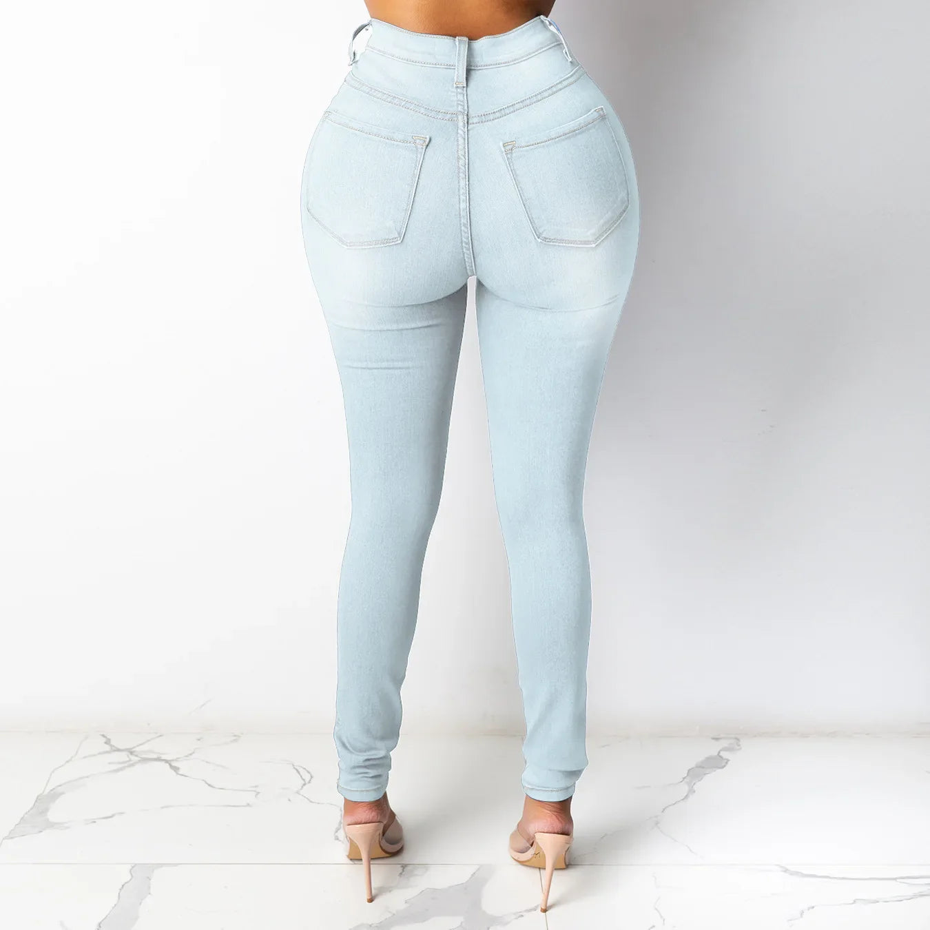 Skinny Pencil Jeans for Women High Waisted Casual Elegant Office Denim Pants Blue White Black Elastic Jeans Woman