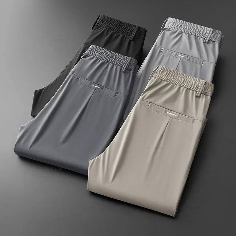 High Elastic Ice Silk Casual Pants Men's Spring Summer Ultra-thin Quick Drying Soft Breathable Business Straight Gray Trousers