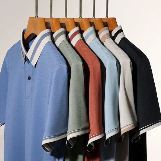 High quality men's short sleeve polo shirt new breathable and fashionable color blocked collar T-shirt summer ice silk cool top
