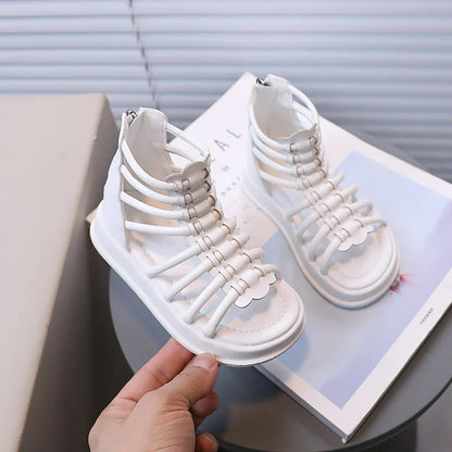 Girl's Sandals Gladiator Style Hollow-out Ankle-high Chunky Kids Summer Shoes White Black Zipper Chic Children Sliders 21-36