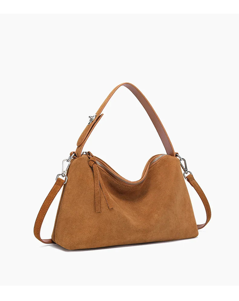 Fashion Autumn Winter Big Boston Tote Soft Matte Suede Cow Leather Women's Handbag Shoulder Crossbody Bag For Women Grey Brown