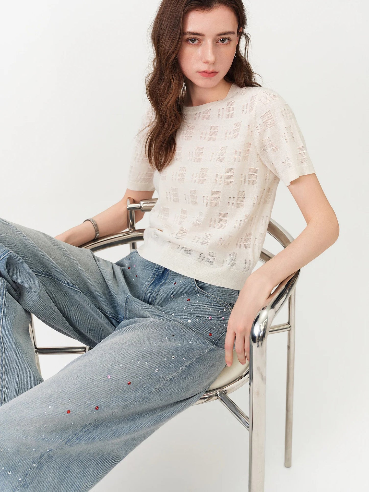 2026 Summer Women's Textured Cut-out Round Neck Short Sleeve Knit Top Soft Lightweight Breathable Blouse Elegant Style